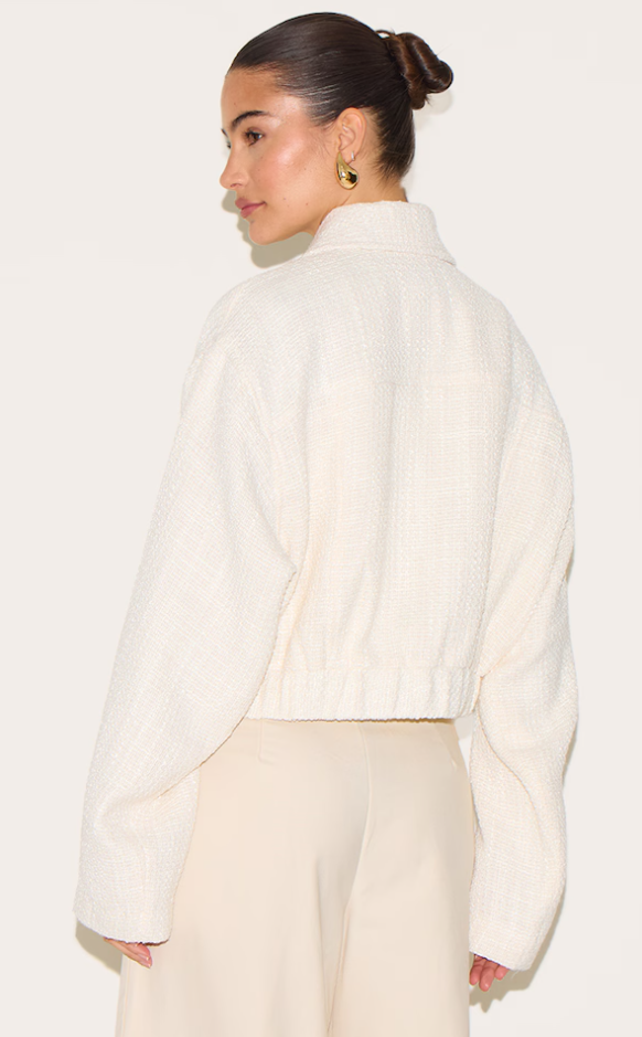 Cream Zip Front Textured Bomber - Slimoa Boutique