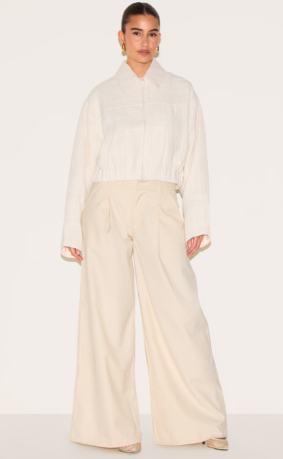 Cream Zip Front Textured Bomber - Slimoa Boutique